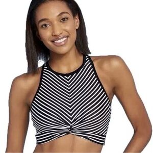Kona Sol Bikini Top Longline Twist Front Black + White Striped Womens Size Large